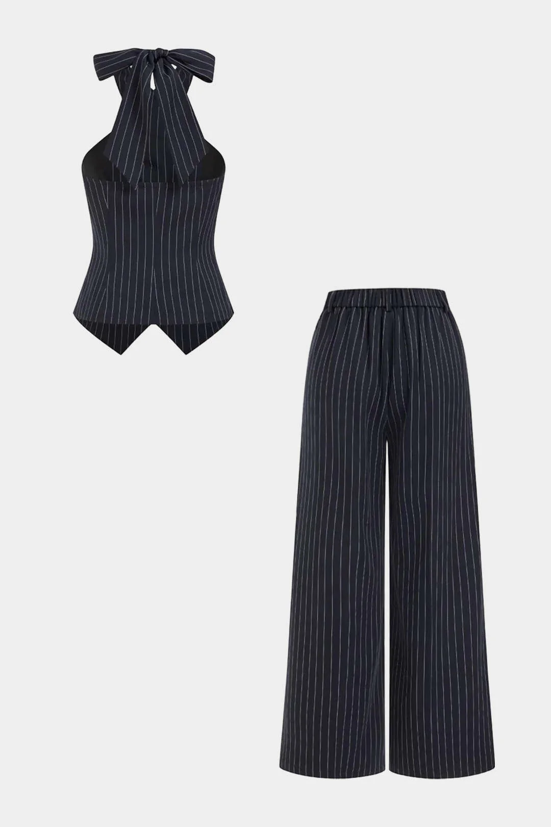 Striped Crossed Tie Back Metallic Button Tank Top And Wide Leg Pants - Image 2