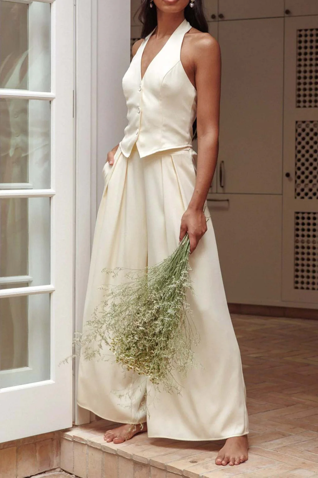 Halter V-Neck Backless Vest And Wide Leg Pants Set