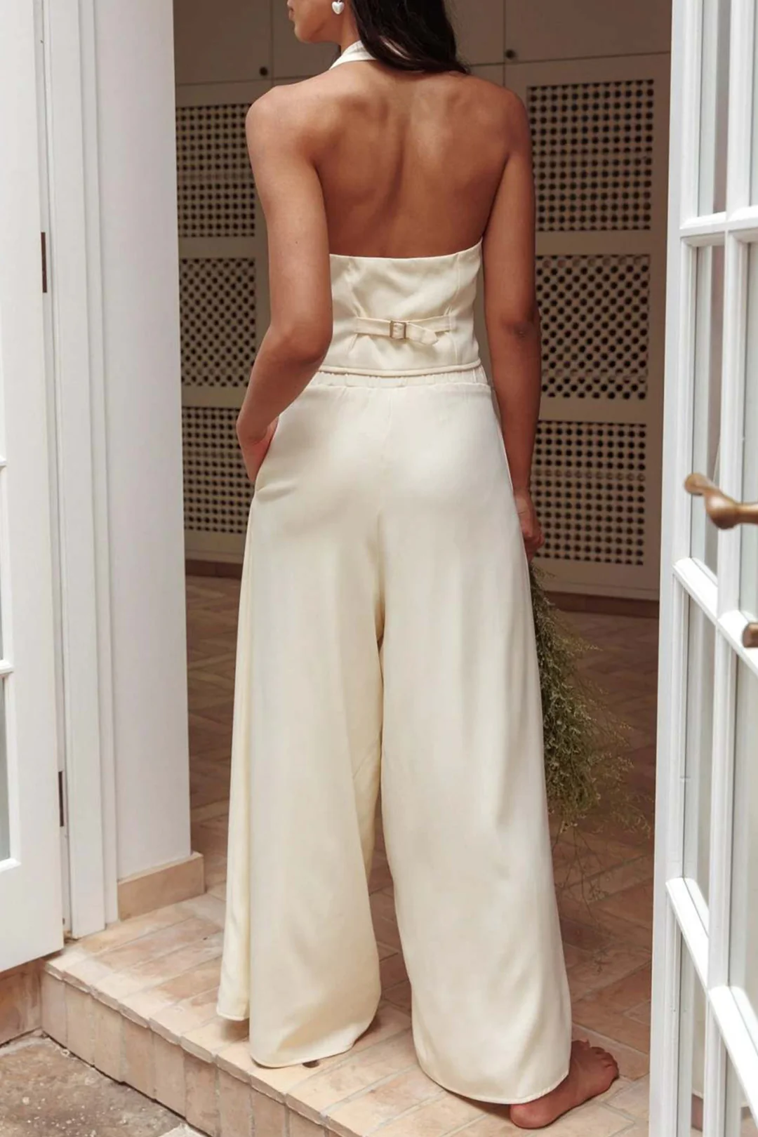 Halter V-Neck Backless Vest And Wide Leg Pants Set - Image 2