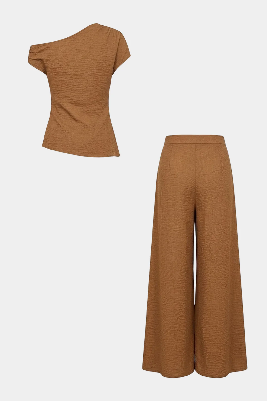 One Shoulder Asymmetrical Ruched Top And Wide Leg Pants Set - Image 2