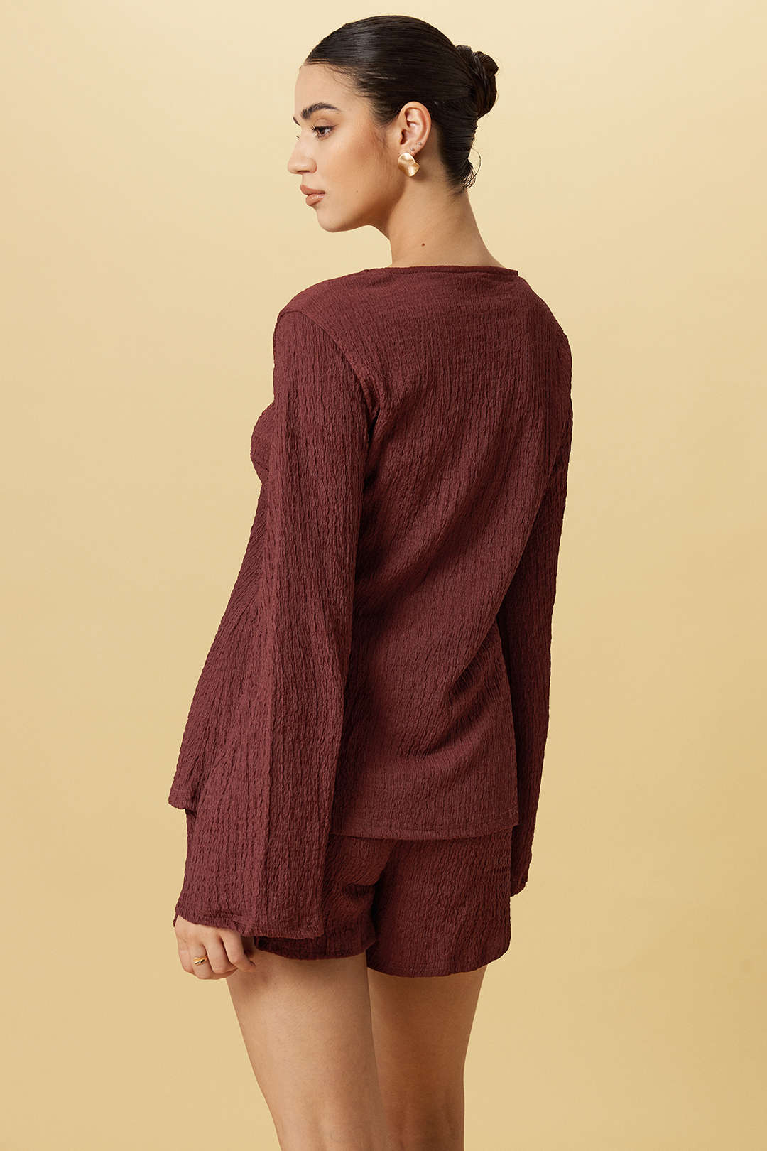 Tie-Up Ribbed Long-Sleeve Top And Shorts Set - Image 2