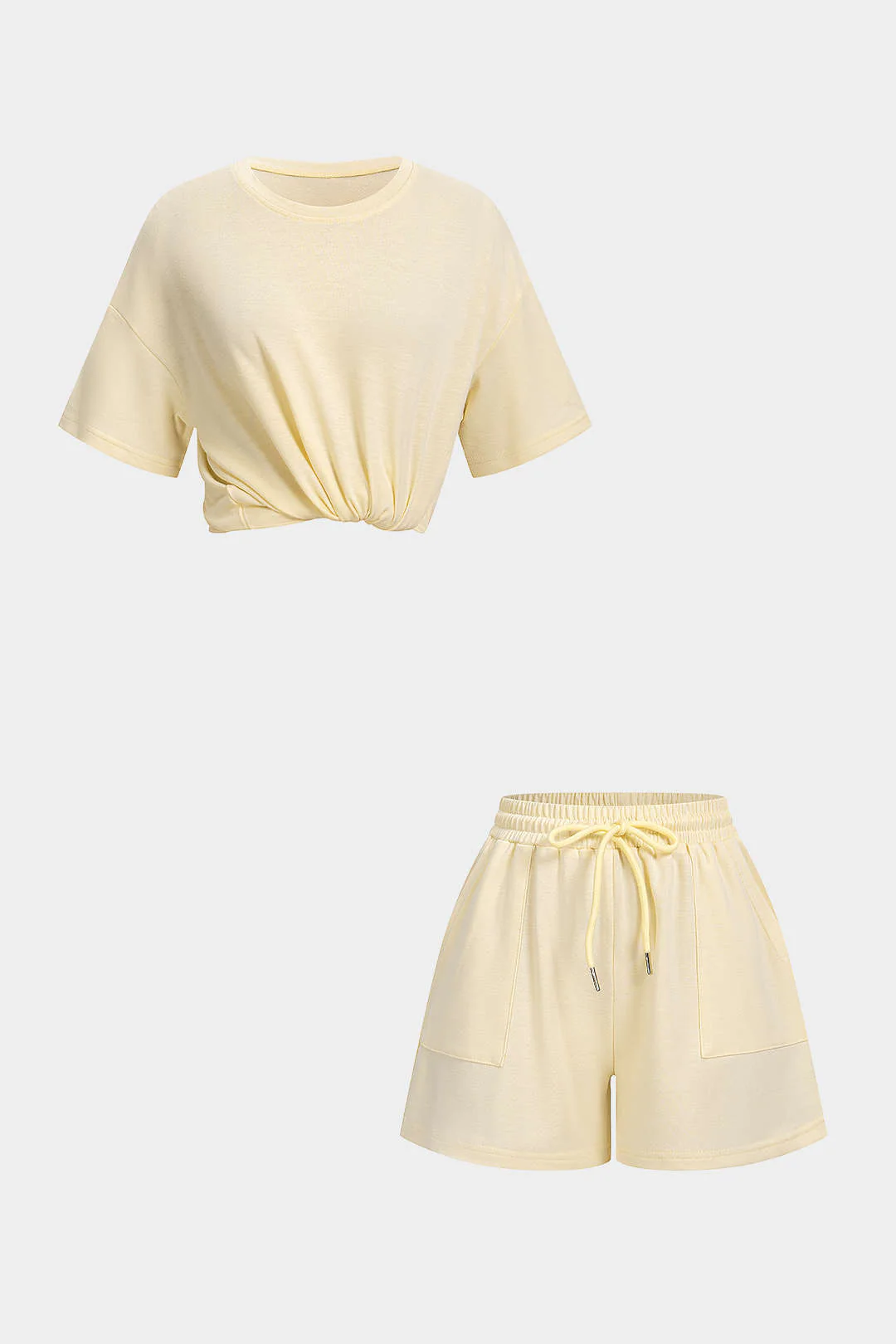 Solid Round Neck Top And Drawstring Shorts Set