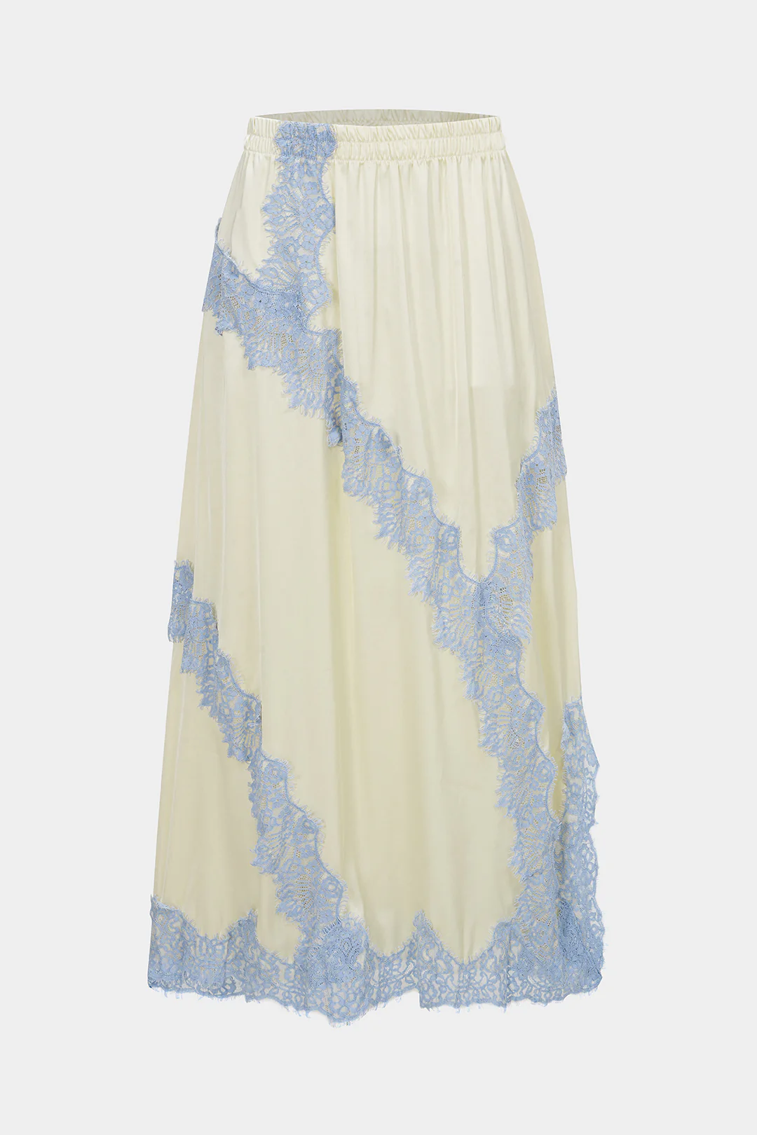 Satin Patchwork Lace Trim Shirred Waistband Skirt