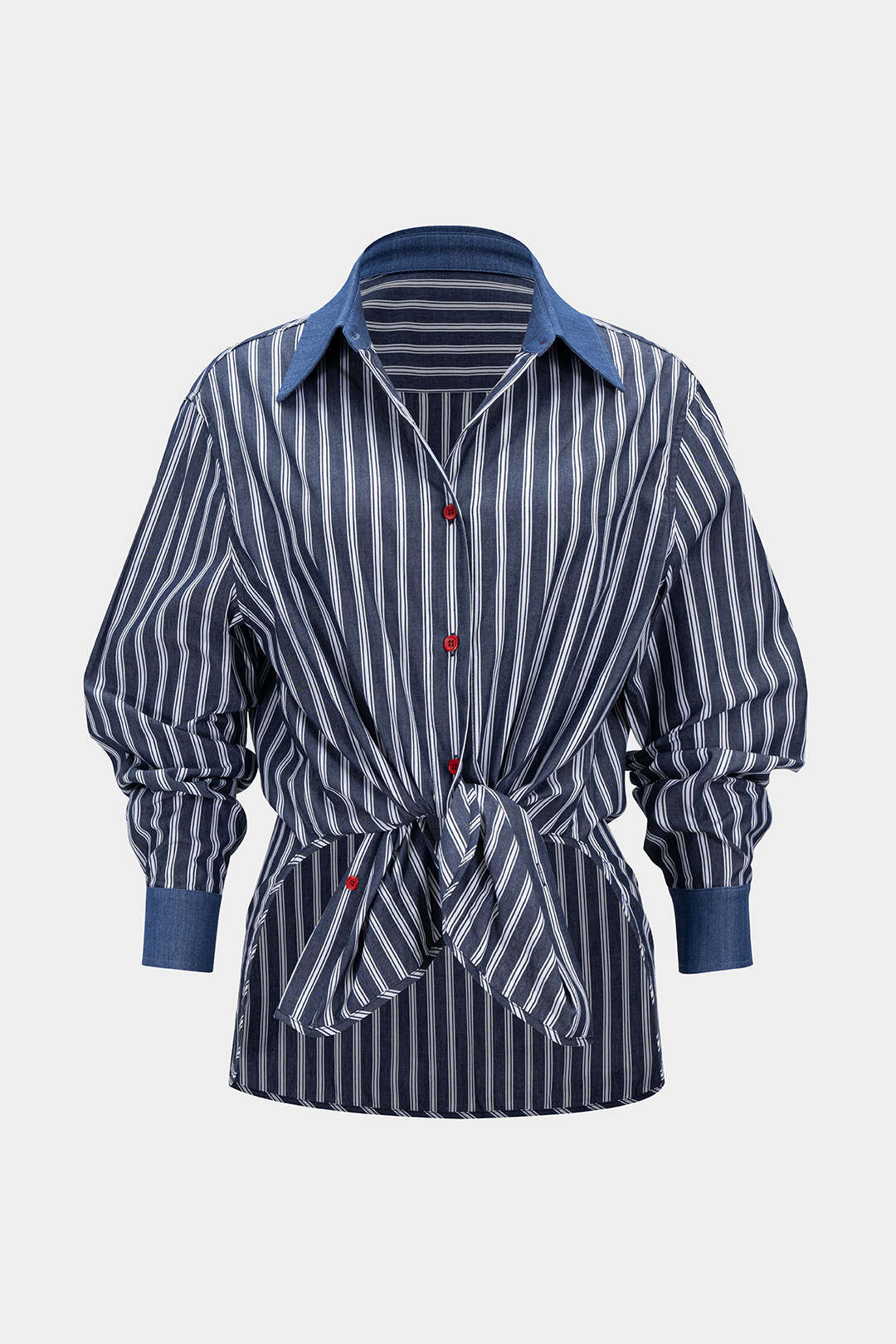 Contrast Stripes Print Denim Patchwork  Button Long-Sleeve Shirt