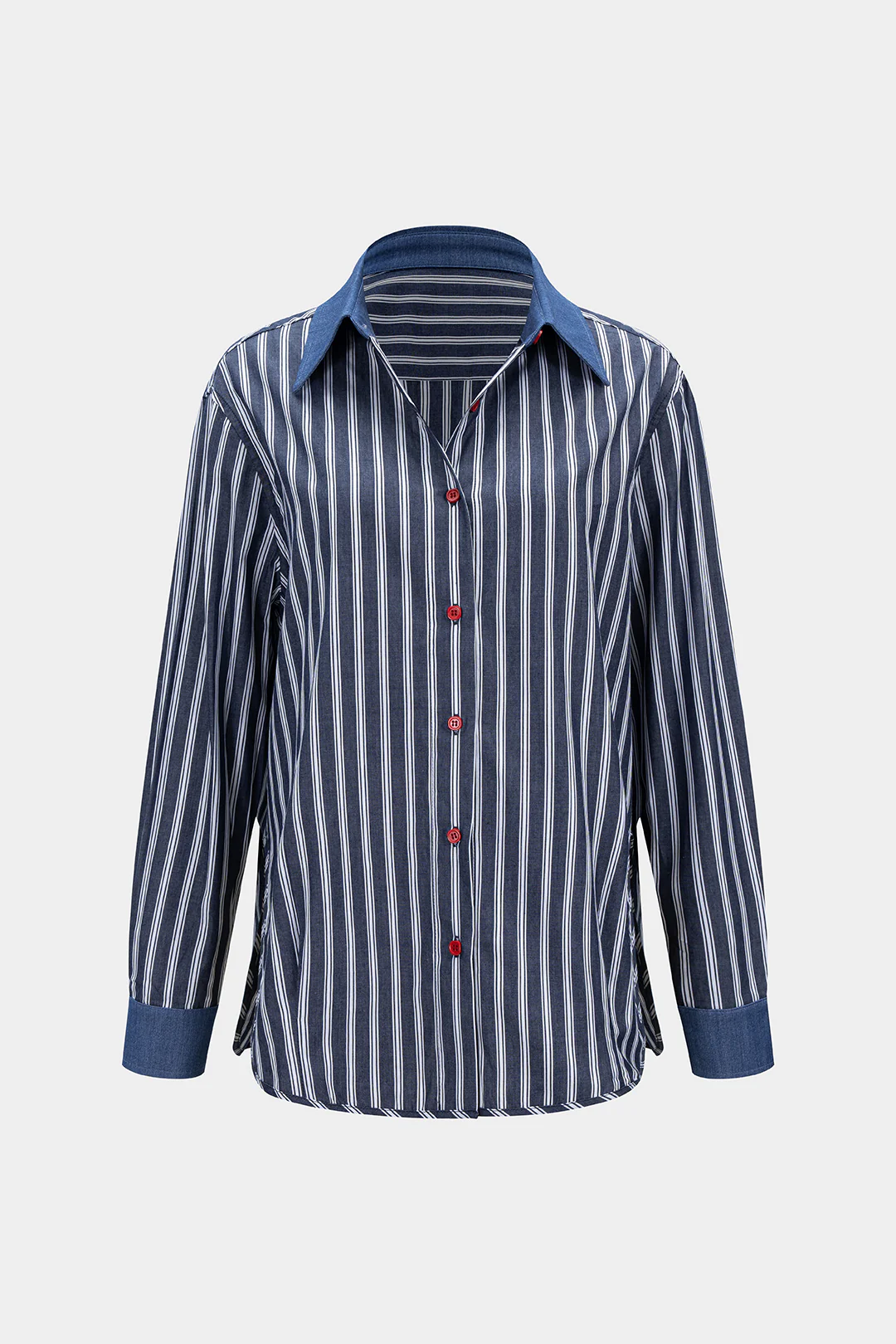 Contrast Stripes Print Denim Patchwork  Button Long-Sleeve Shirt - Image 2