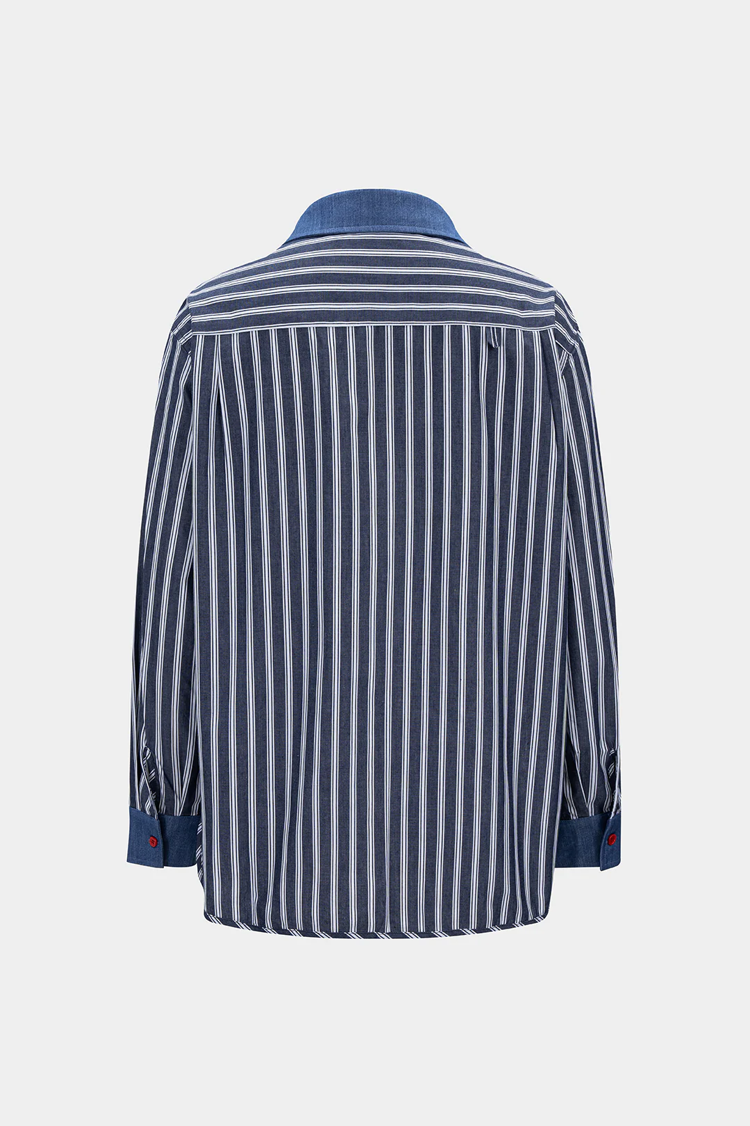 Contrast Stripes Print Denim Patchwork  Button Long-Sleeve Shirt - Image 3