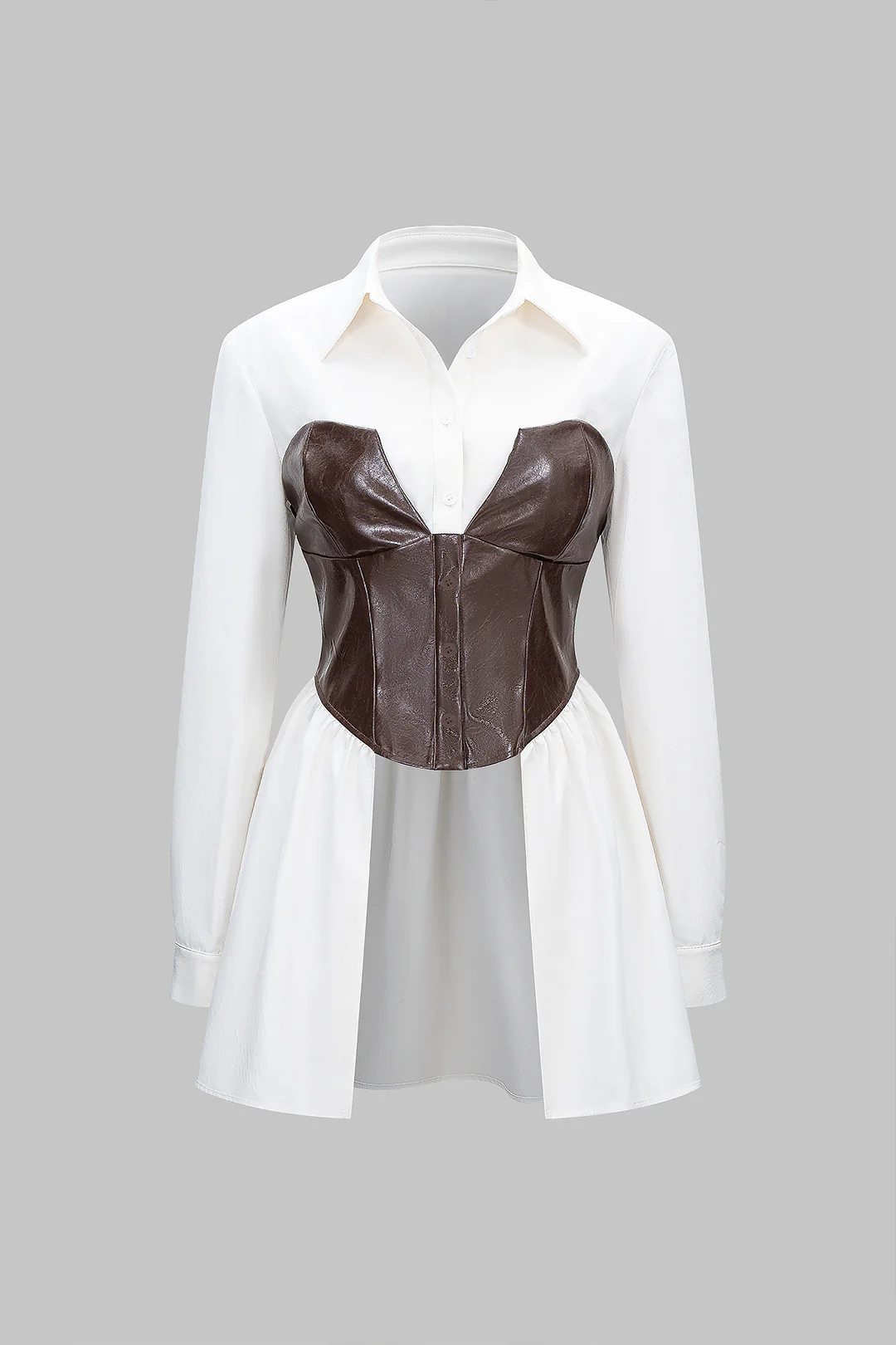 Faux Leather Patchwork Ruched Long-Sleeve Shirt