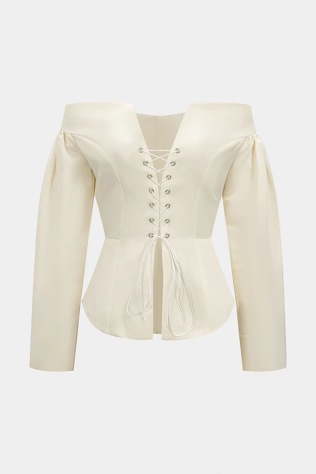 Tie-Up Off-Shoulder Satin Long-Sleeve Shirt