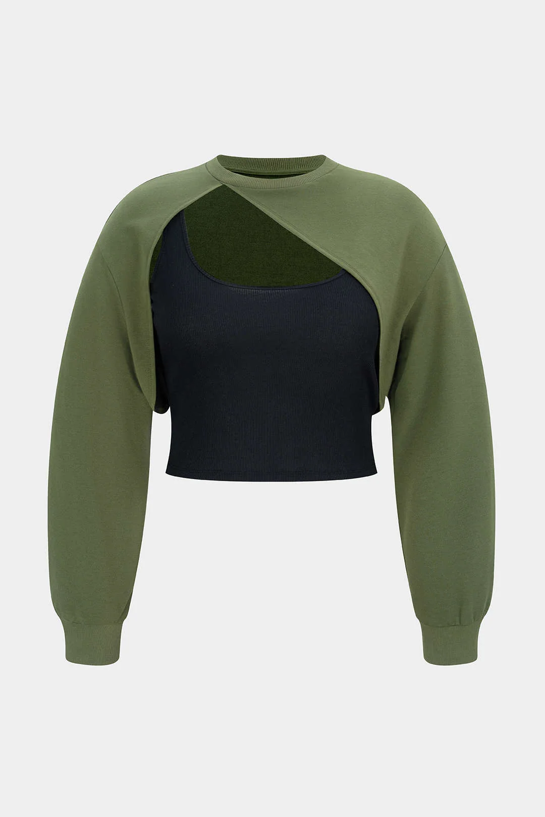 Plus Size Contrast Asymmetrical Cut Out Long-Sleeve Top