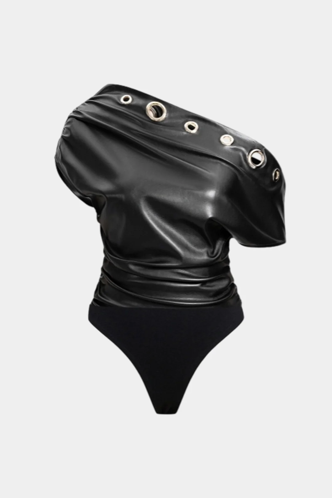 Faux Leather Patchwork Eyelet Decor Asymmetrical One Shoulder Bodysuit