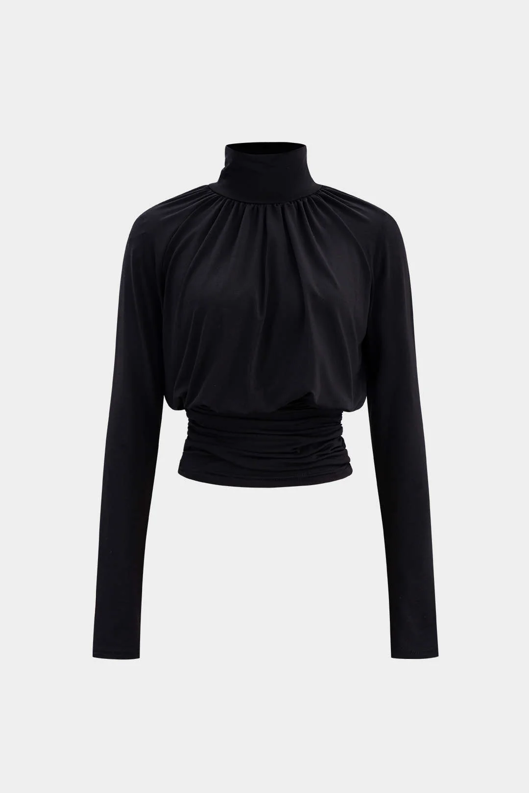 Basic Faux Leather High Collar Wrinkled Long Sleeve T-Shirt