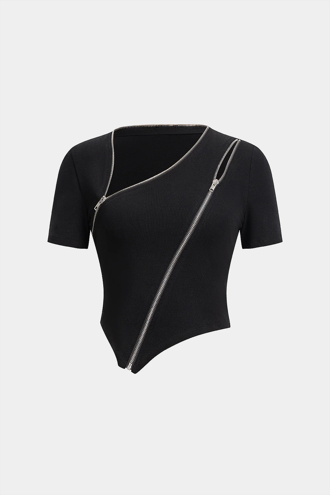 Asymmetrical Zipper Round Neck Short-Sleeve Top