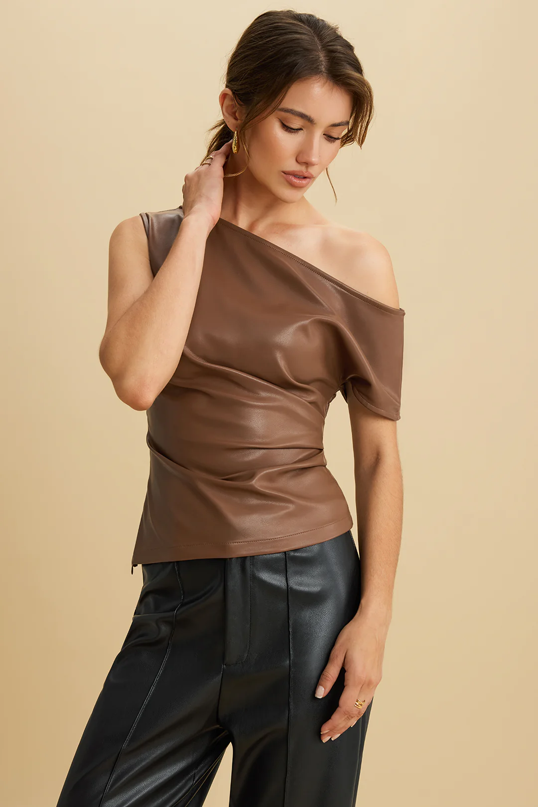 Faux Leather Asymmetrical Shoulder Ruched T-Shirt