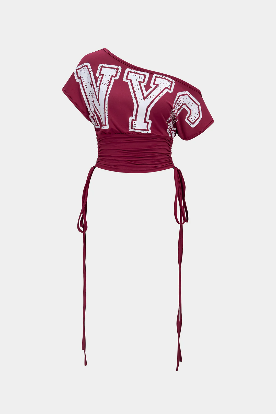 Letter Print One Shoulder Waist Drawstring Ruched Short Sleeve T-Shirt