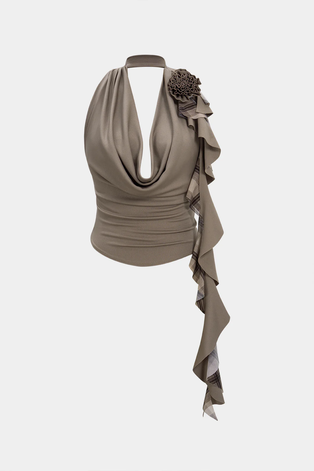 Mesh Patchwork Halter Draped Cowl Neck Strappy 3D Flower Cami Top