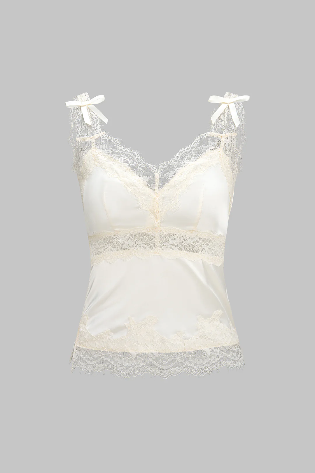 Satin Patchwork Lace V-Neck Bow Cami Top