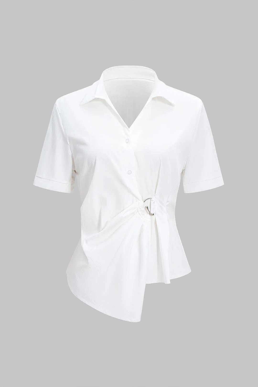 Metallic Asymmetrical Waist-Cinching Short Sleeve Shirt