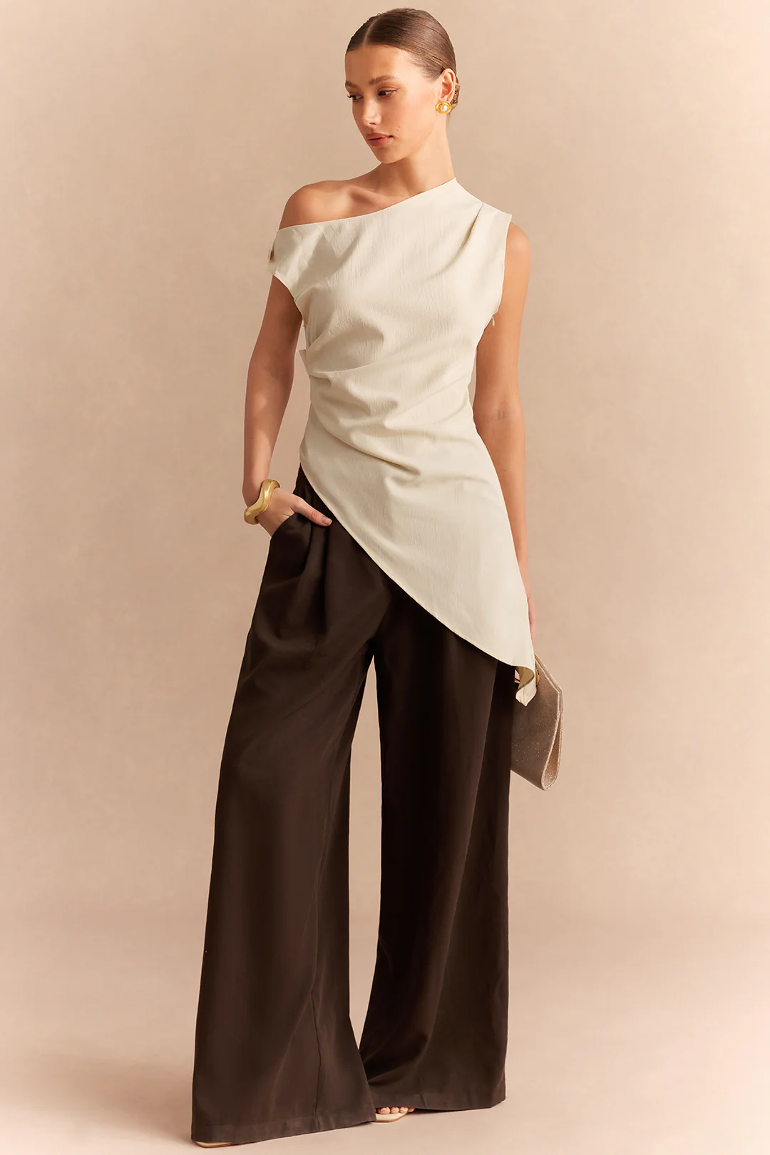 One Shoulder Asymmetrical Twist Knot Ruched Sleeveless Shirt