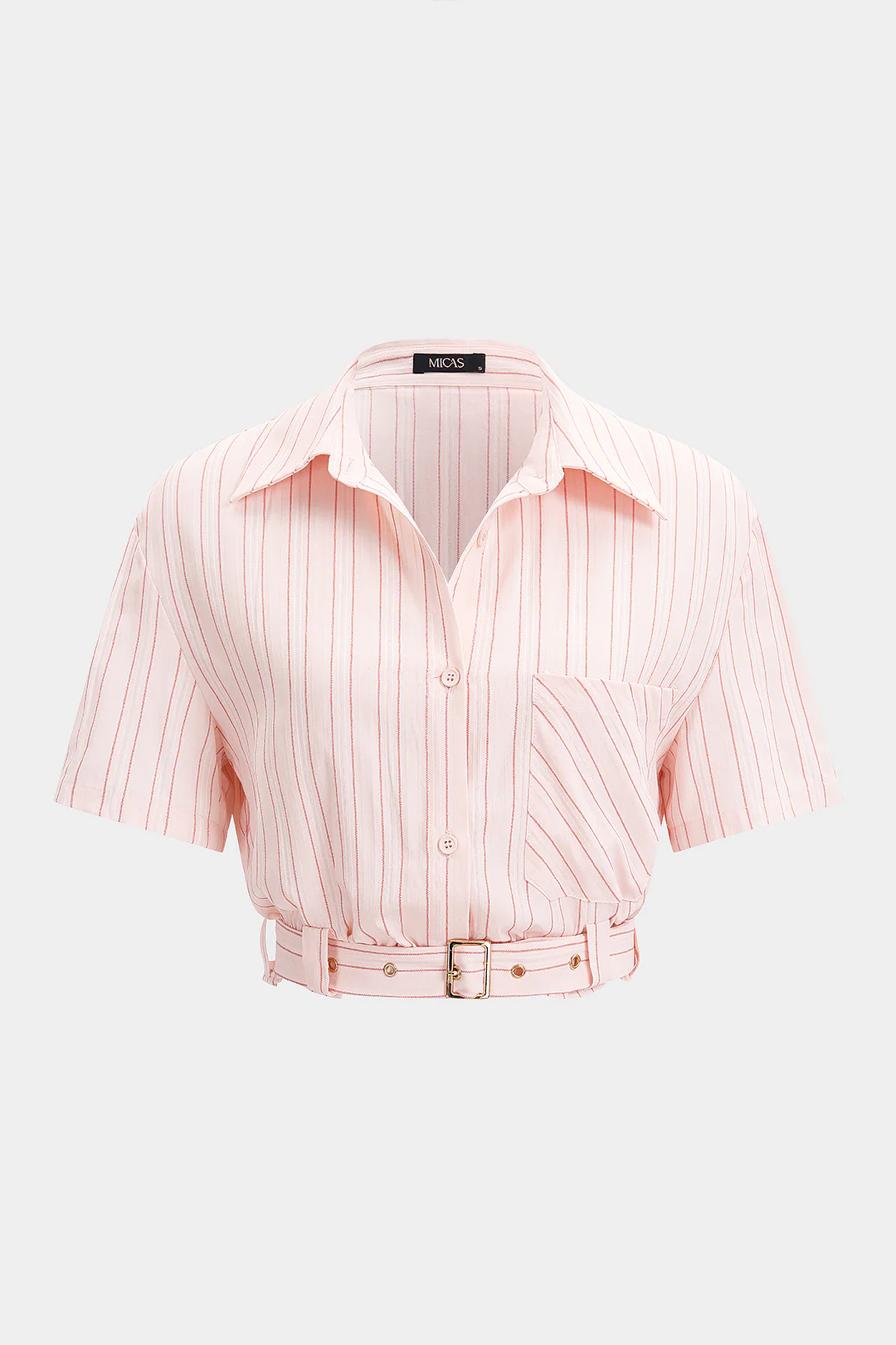 Striped Lapel Pocket Belted Short-Sleeve Shirt