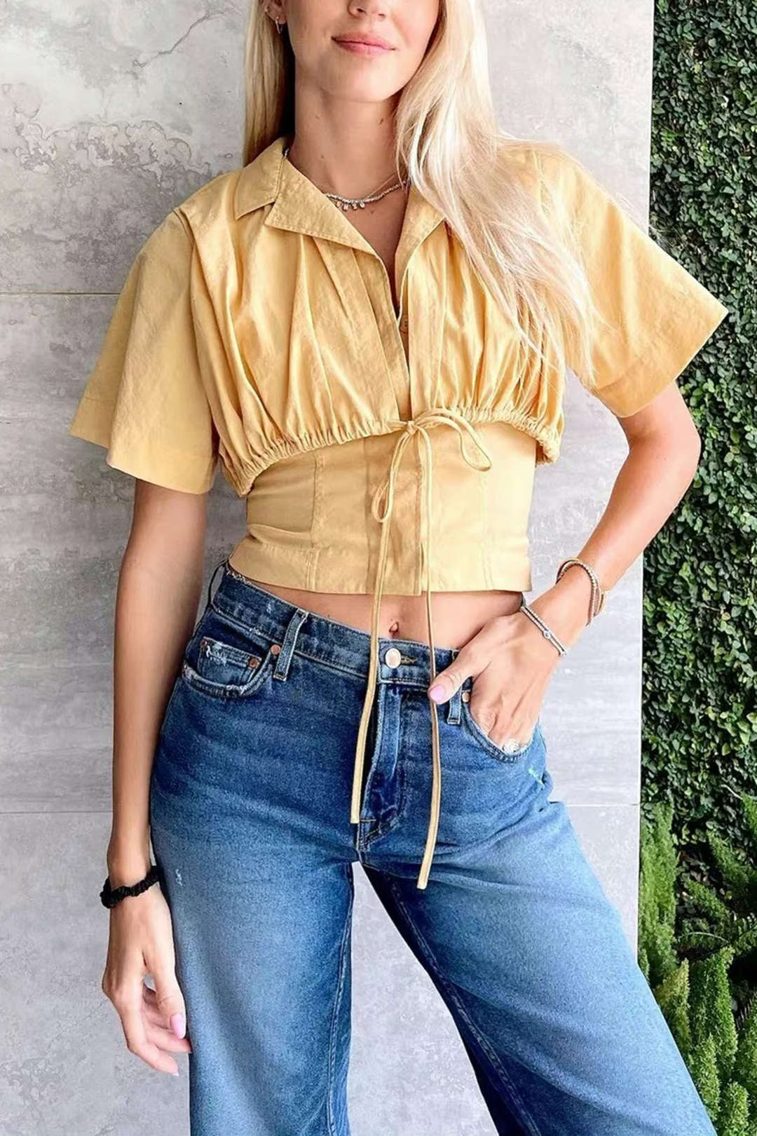 Lapel Drawstring Tie-Up Short-Sleeve Shirt