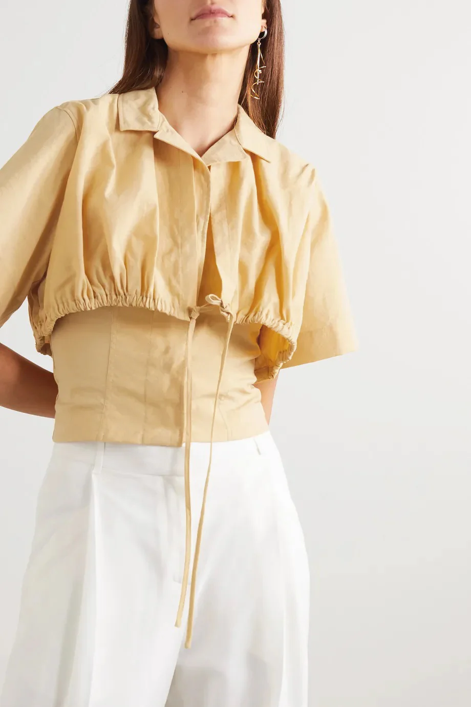 Lapel Drawstring Tie-Up Short-Sleeve Shirt - Image 2