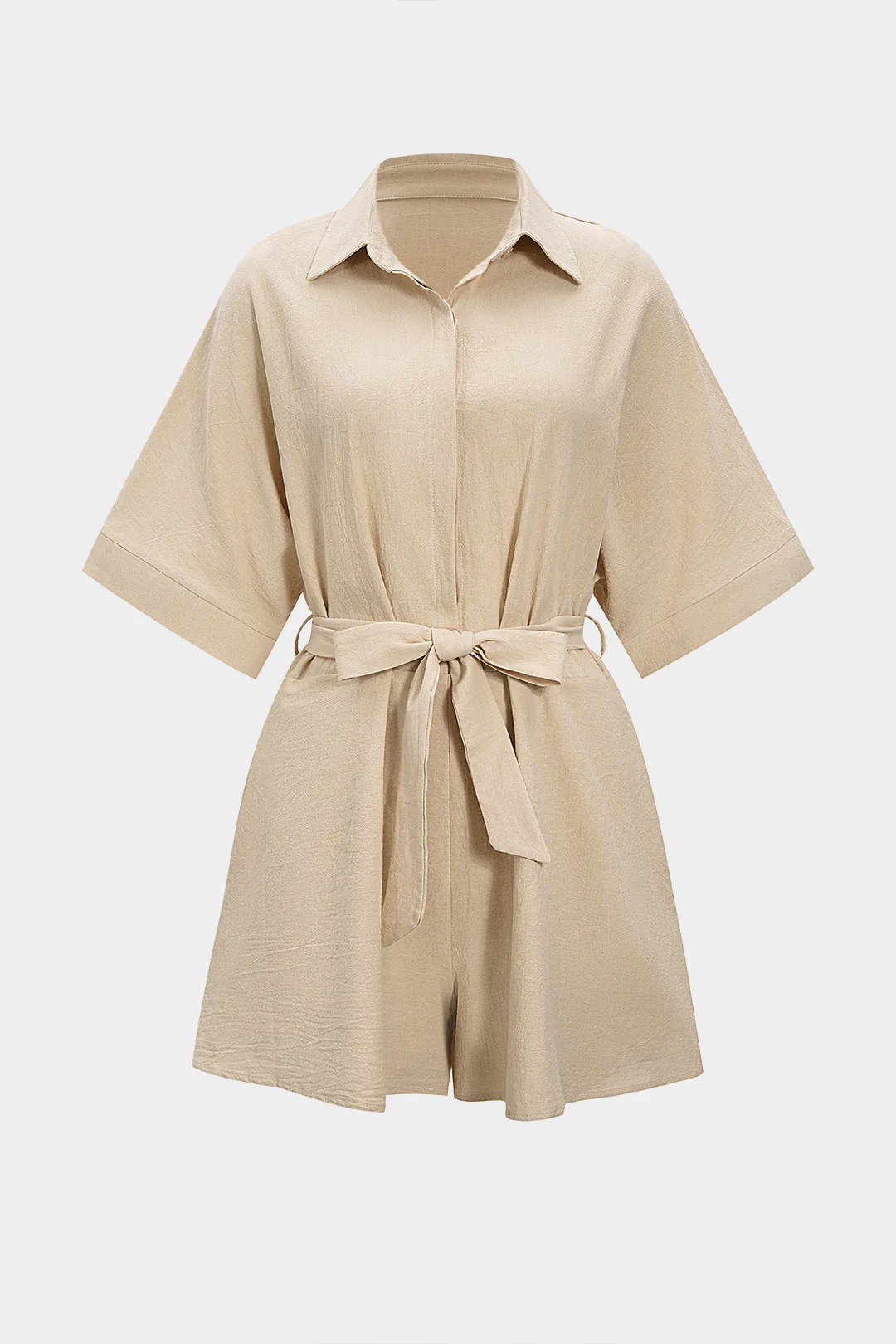 Solid Belted Short-Sleeve Romper