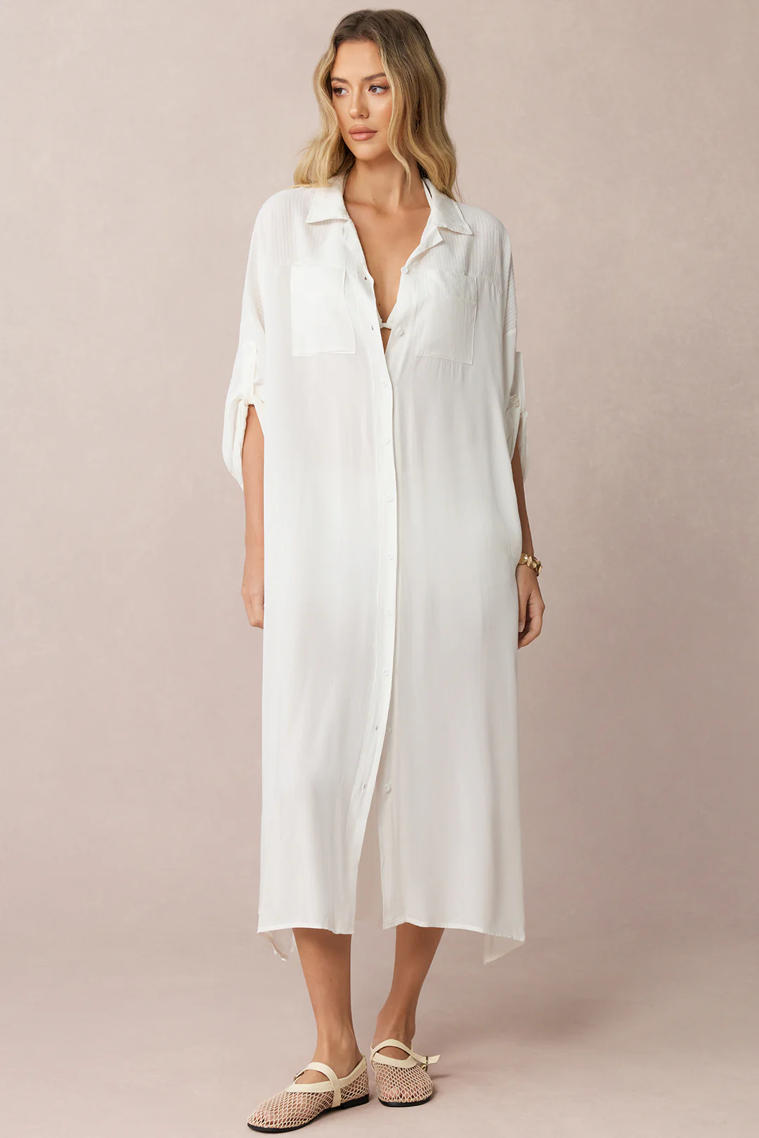 Lapel Button Long Sleeve Cover Up