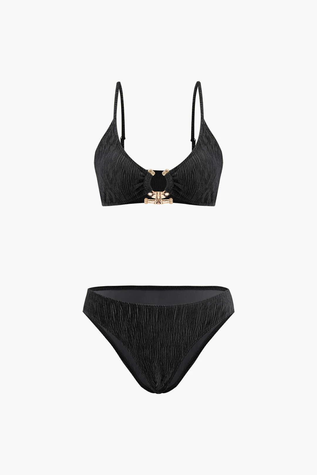 Velvet Textured U-ring Bikini And Sarong 3pc Set - Image 9