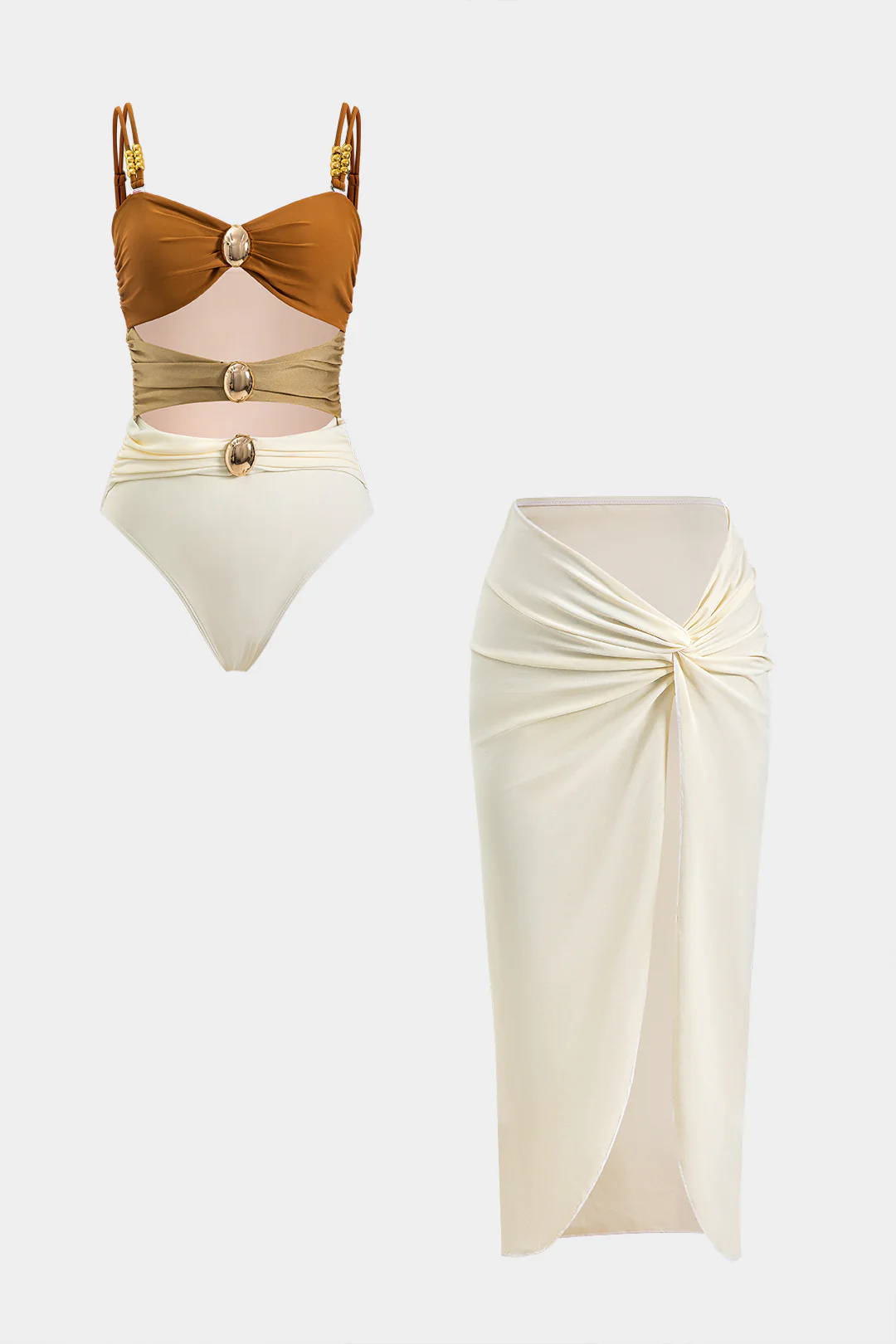 Tummy Control Cut Out Slip Swimwear And Ruched Slit Cover Up Set