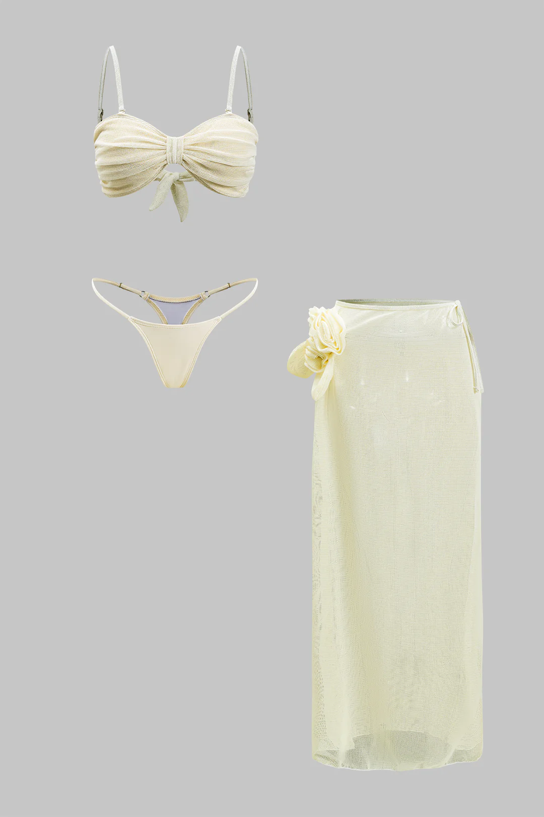3PC 3D Floral Decor Tie Up Cut Out Bikini Set