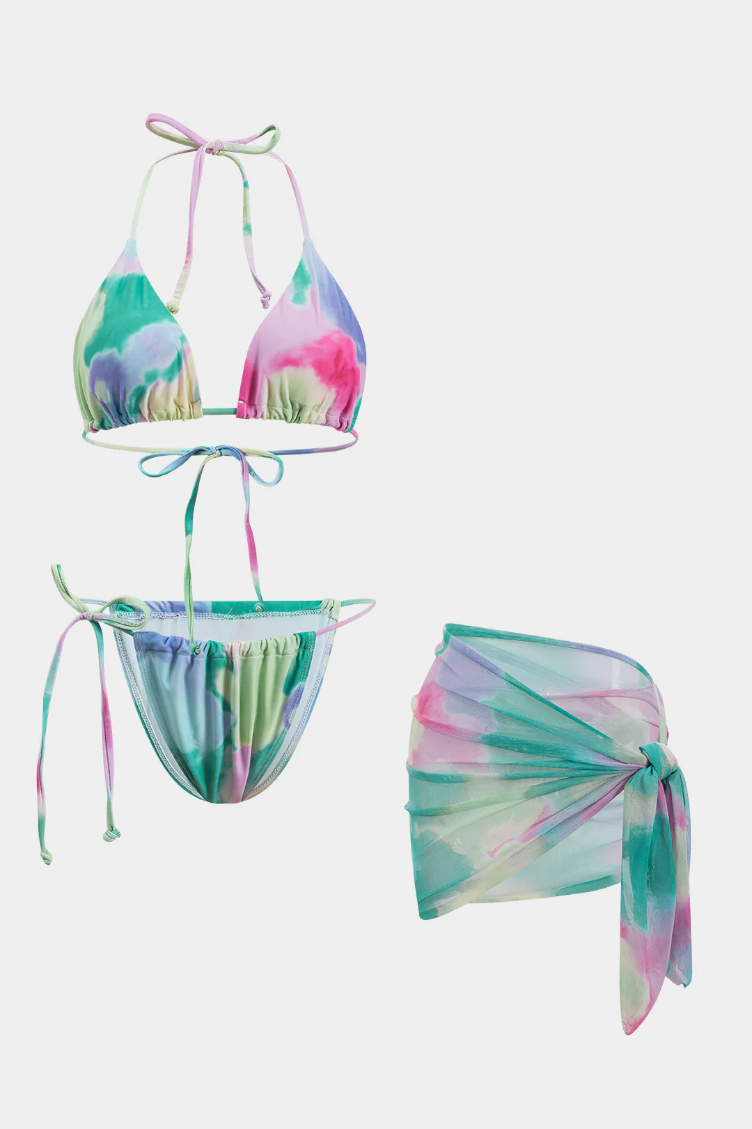 Abstract Print Ruched Tie Up Bikini And Tie Knot Cover Up Set
