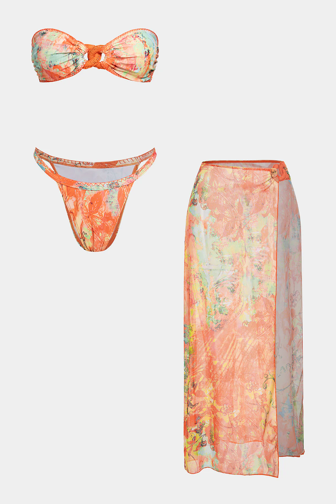 Floral Print Mesh Backless Bikini Set